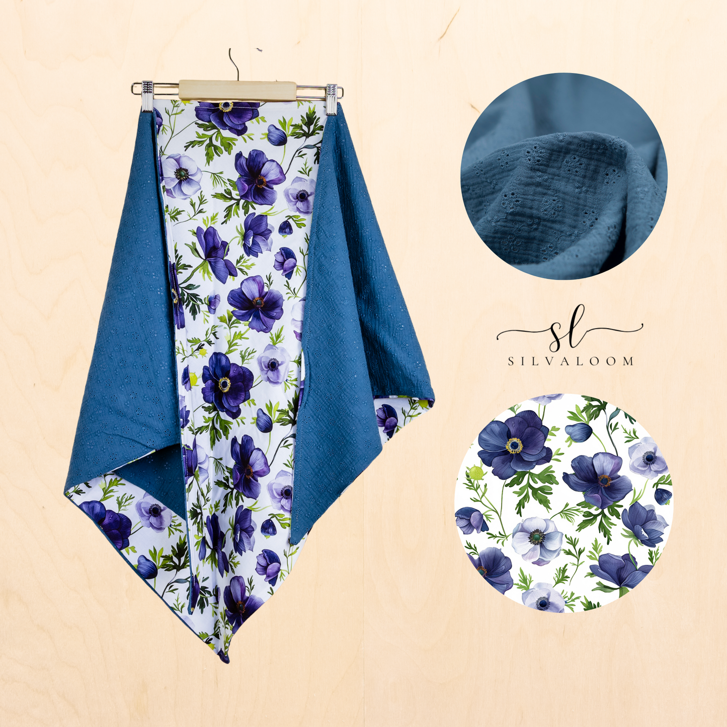 Sommerschal "Anemonen" - kornblumenblauer Musselin & blaue Blumen