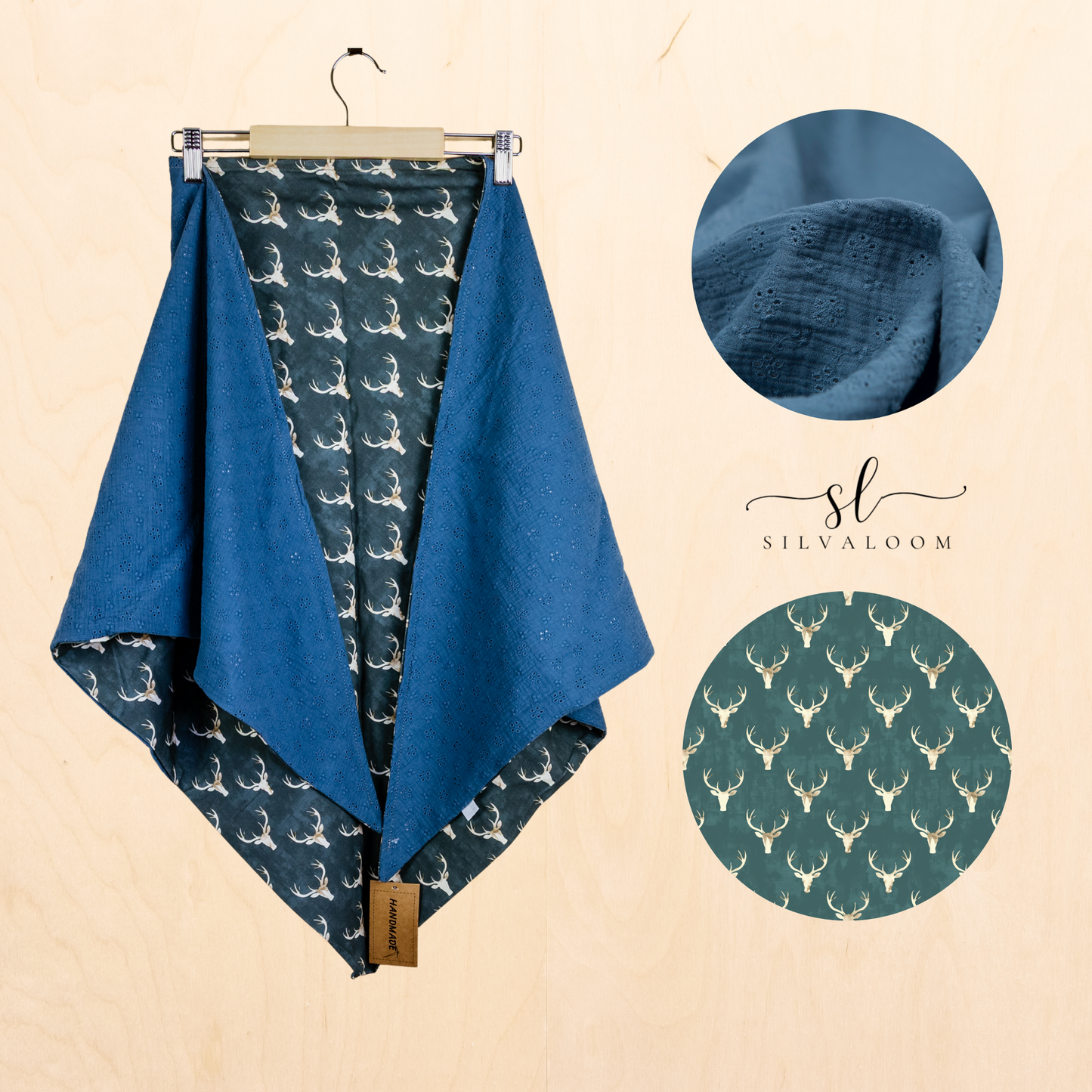Forest Scarf "Deer Horns" - Cornflower Blue Muslin & Antler Print