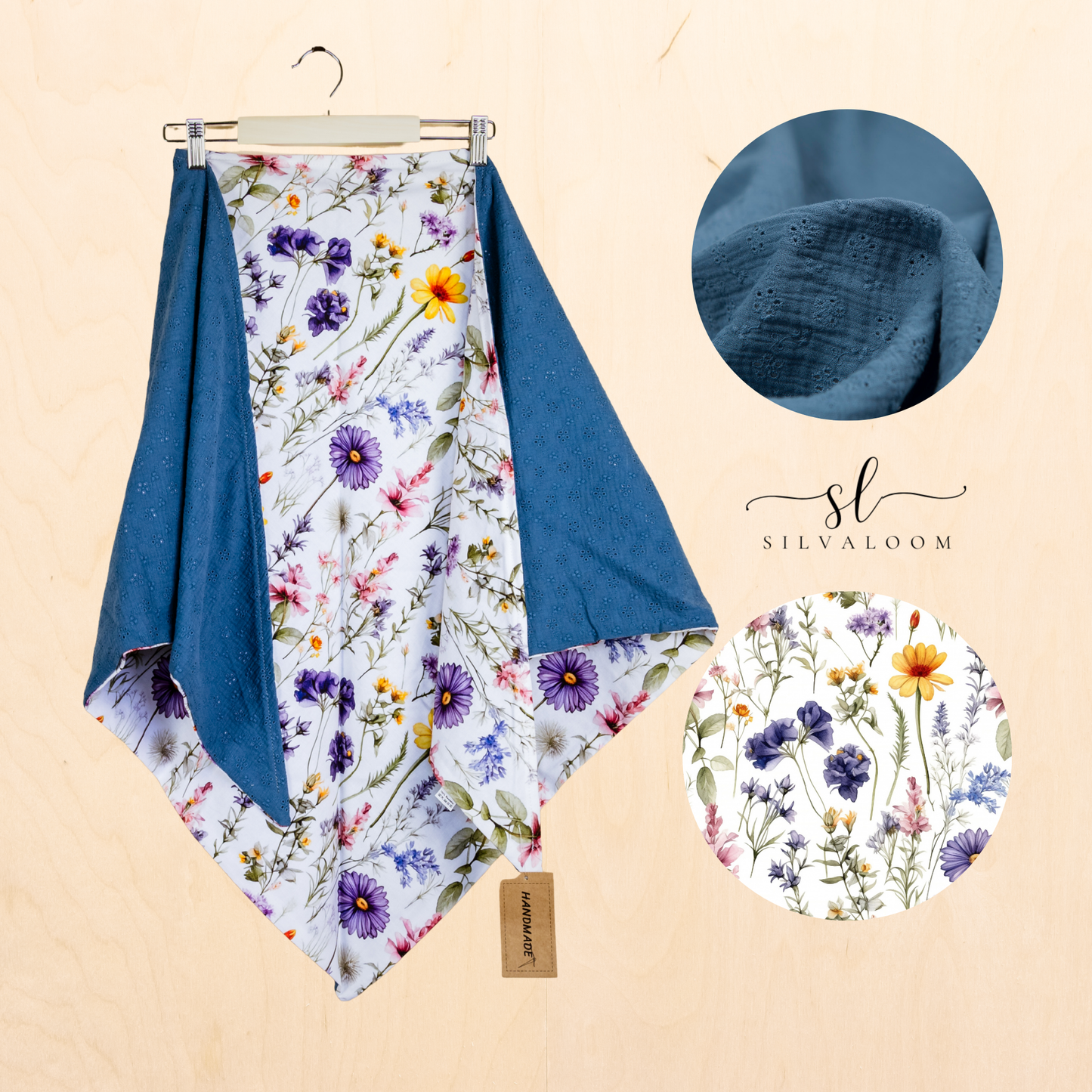 Product: "Summer Meadow" Shawl – navy blue muslin & wildflowers