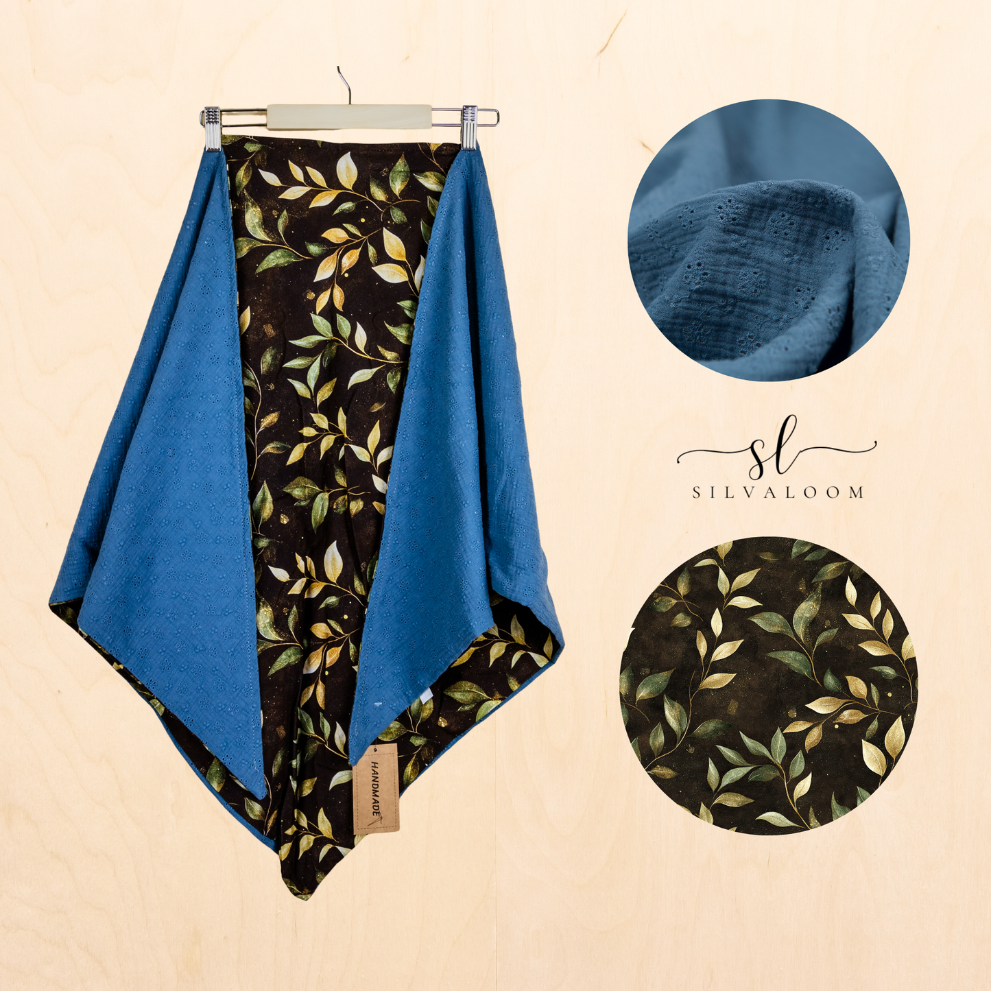 „Silence of the Forest“ Schal – marineblaues Musselin- und Blättermuster