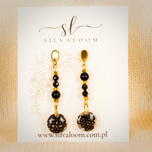 Long earrings with shot and black beads – surgical steel, gold tone | Silvaloom