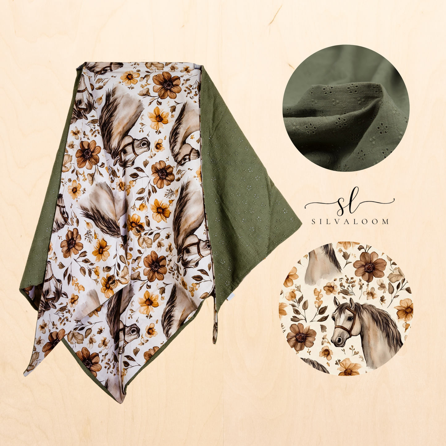 Summer shawl "Horse and Flowers" - olive muslin &amp; romantic horse pattern