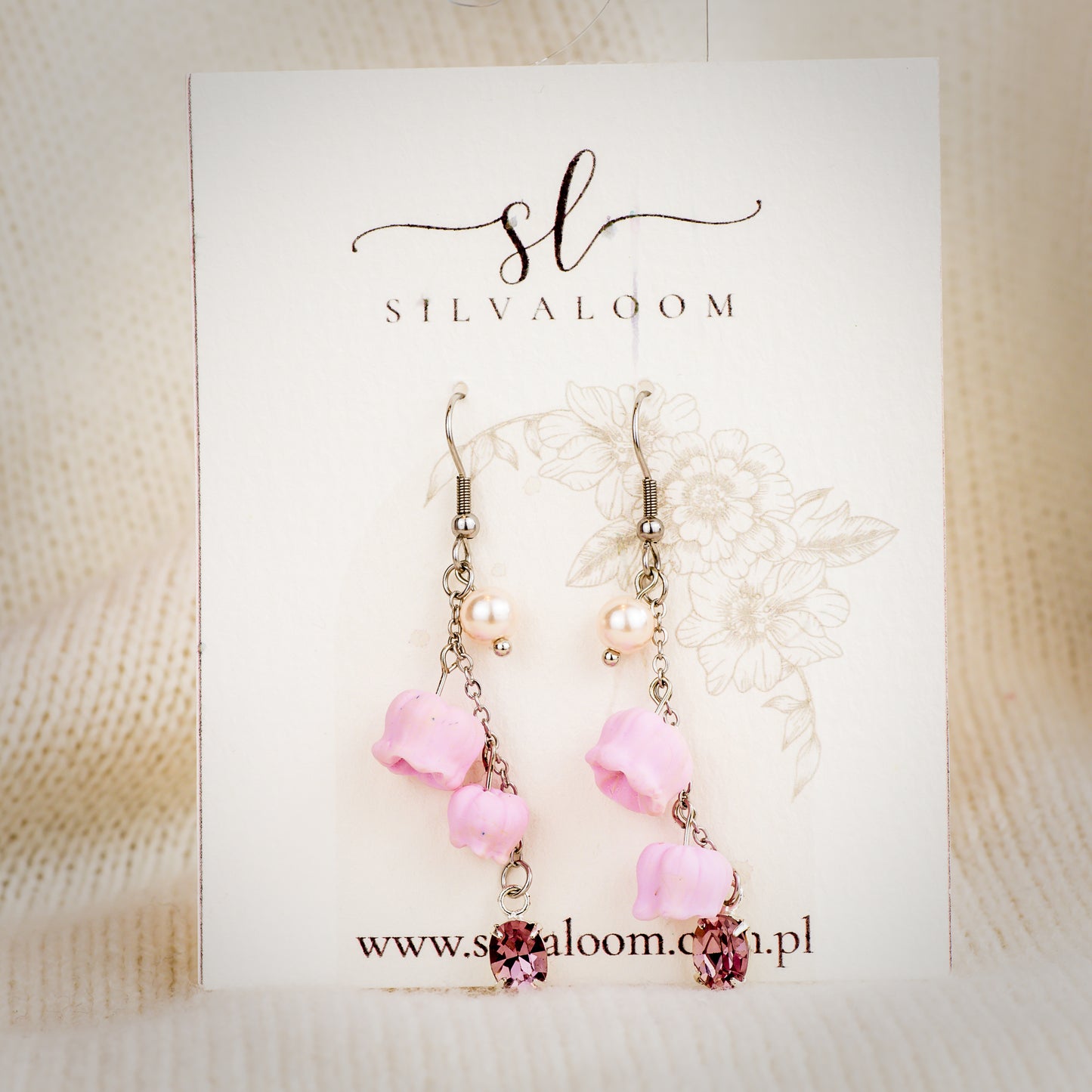Long pink earrings with flowers and Preciosa crystal – surgical steel | Silvaloom